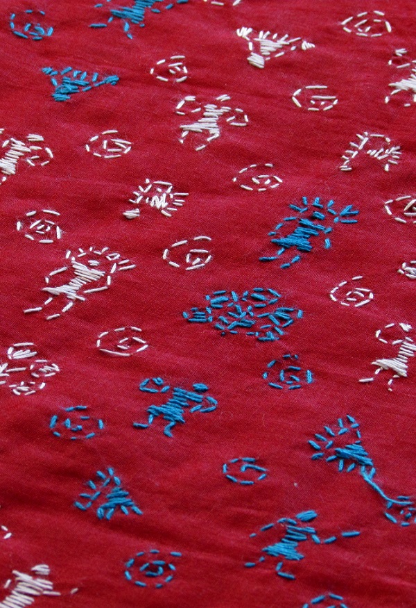 Red Blue Kantha Blouse Material